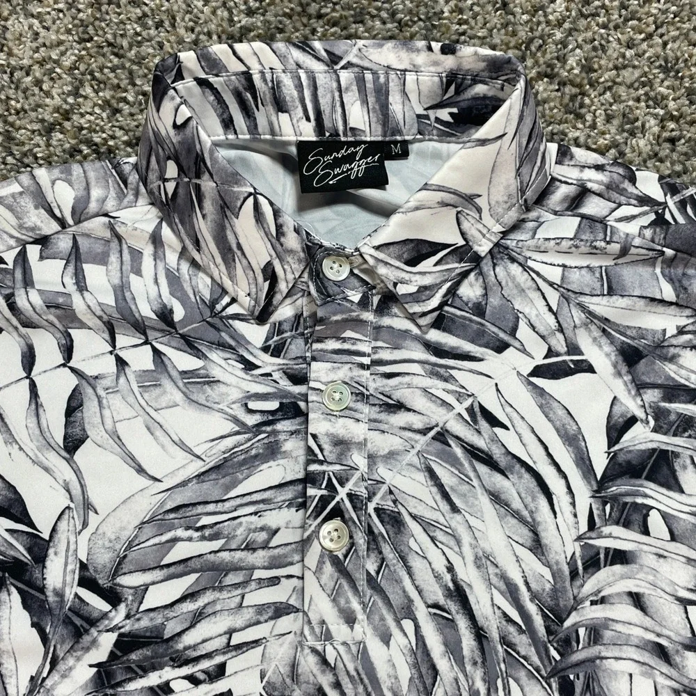 Sunday Swagger Men's Medium Golf Polo Shirt Black White Tropical Palm Leaf Print